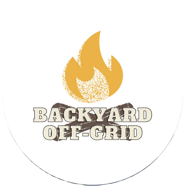 The Backyard Off-Grid logo says backyard off-grid with 2 logs and a flame